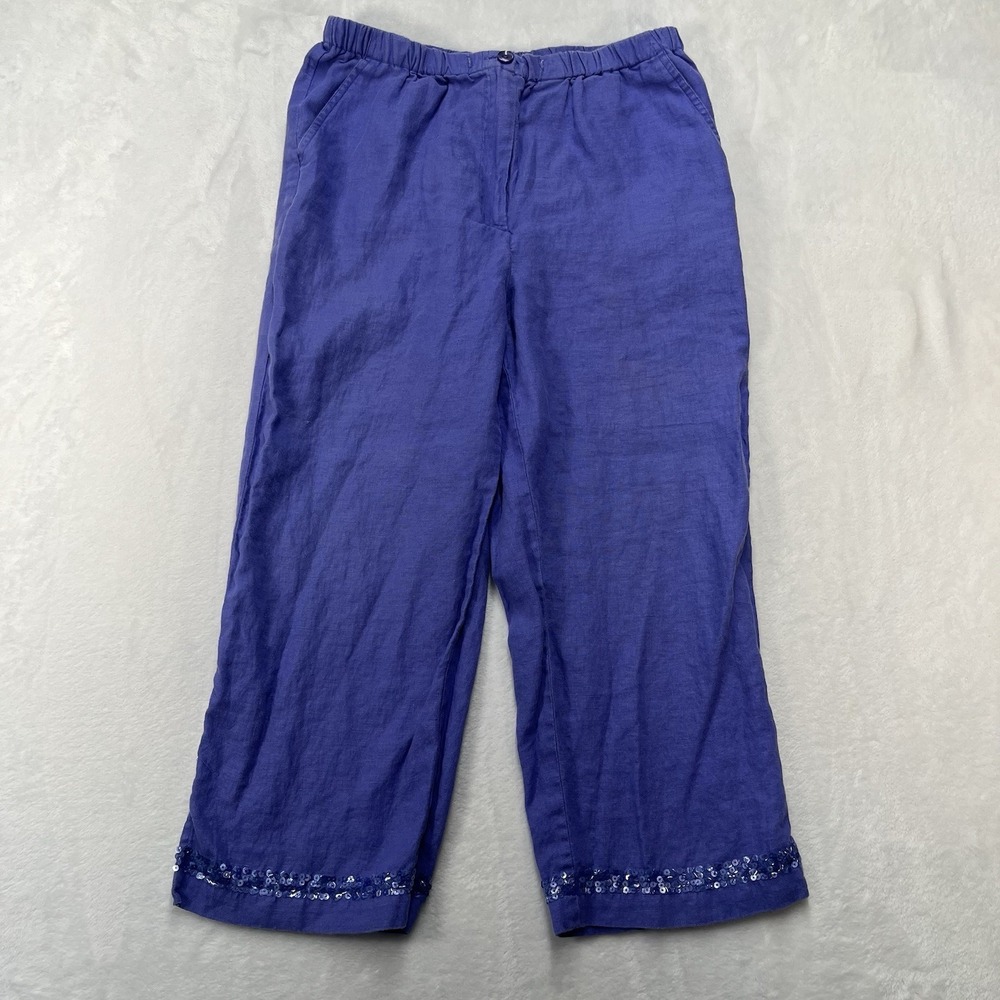 JM Collection Linen Crop Pants Womens 8 Periwinkle Sequin Detail Coastal Summer